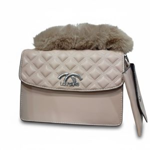 LOSYAHS Luxury Fur-Trim Clutch Handbag with Matching Card Holder – Premium Nude Beige.