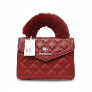 KANGAROO Luxury Mini Fur-Handle Handbag – Deep Red / Maroon۔
