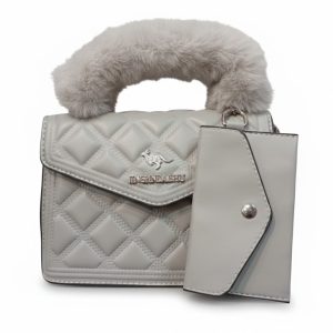 KANGAROO Luxury Fur-Handle Mini Handbag + Matching Card Holder – Elegant Light Grey.