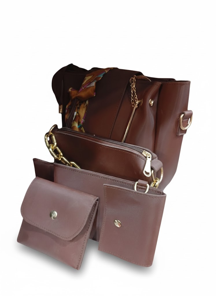 Luxury 5-Piece Handbag Set – Rich Chocolate Brown with Gold Accents.