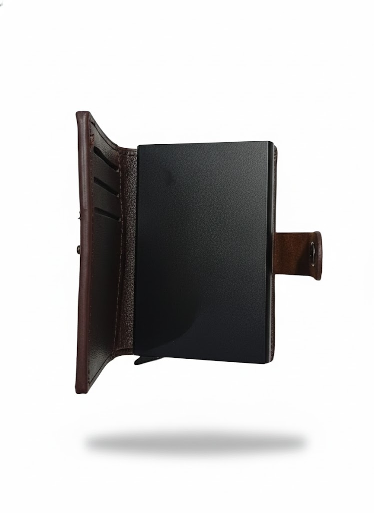 SAVEFOX® Luxury RFID-Blocking Aluminum Card Holder Wallet with Genuine Leather Cover – Pop-Up Card Ejector & Snap Closure (Vintage Brown). - Image 3