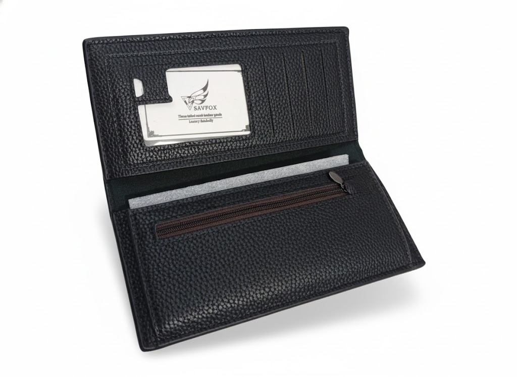 SAVEFOX Men's Luxury Long Leather Wallet – RFID Blocking, Embossed Geometric Pattern & Zippered Coin Pocket . - Image 3