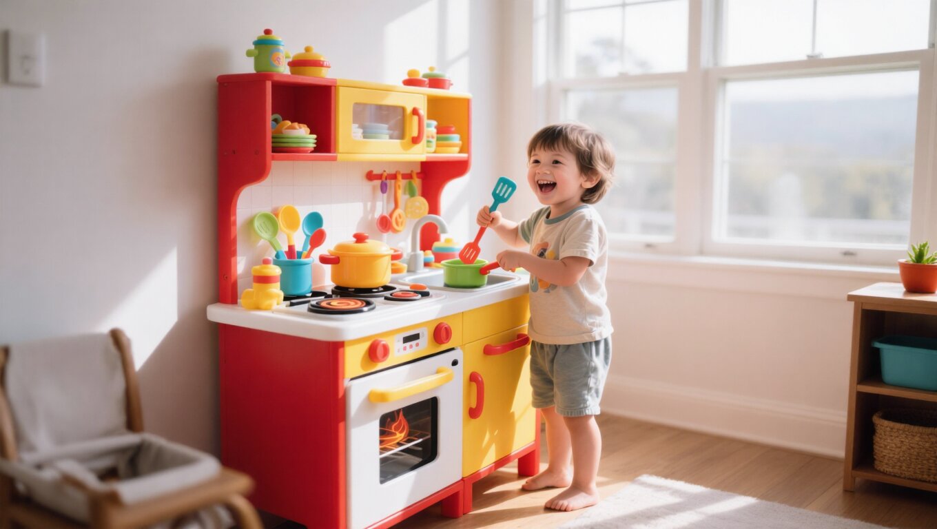 Child playing with a toy kitchen set at home