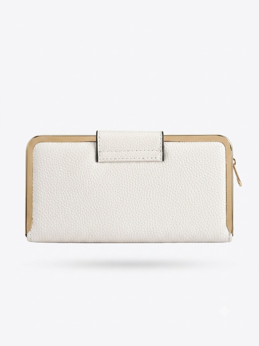 Premium White Women Long Wallet with Gold Frame
